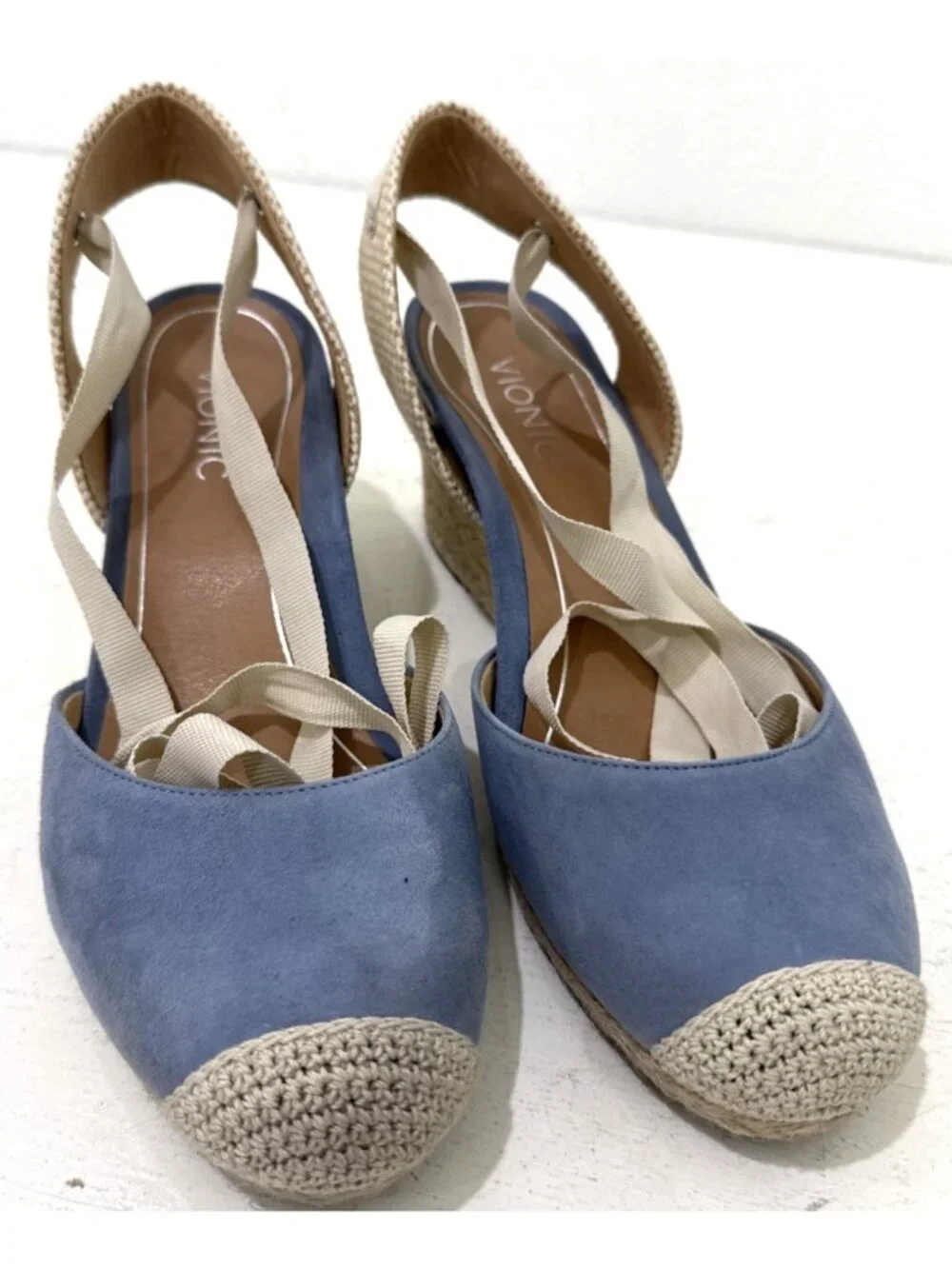 Vionic Maris Light Blue Suede Natural Espadrille Wedge Sandals Lace Up Size 10W